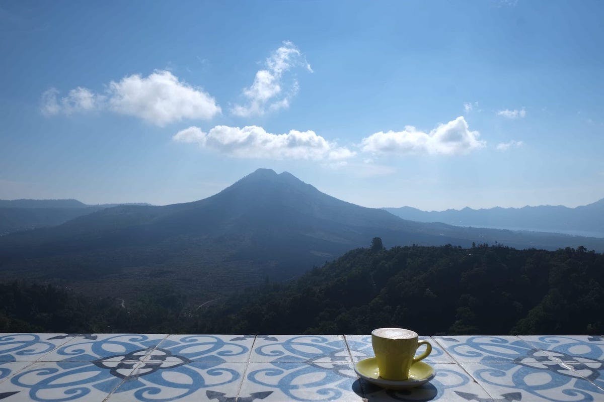 Mount Batur with flat white coffee